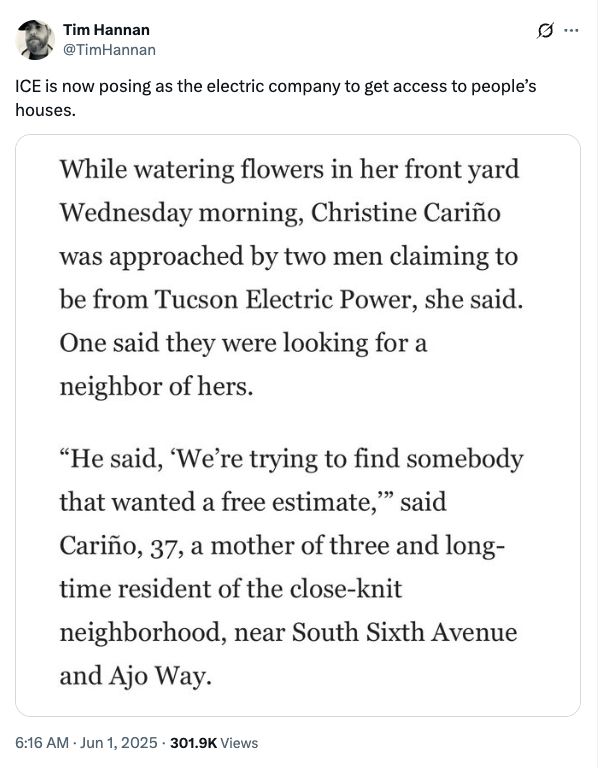 A tweet from @timhannan that says, "While watering flowers in her front yard Wednesday morning, Christine Cariño was approached by two men claiming to be from Tucson Electric Power, she said. One said they were looking for a neighbor of hers. "He said, 'We're trying to find somebody that wanted a free estimate,'" said Cariño, 37, a mother of three and long-time resident of the close-knit neighborhood, near South Sixth Avenue and Ajo Way.