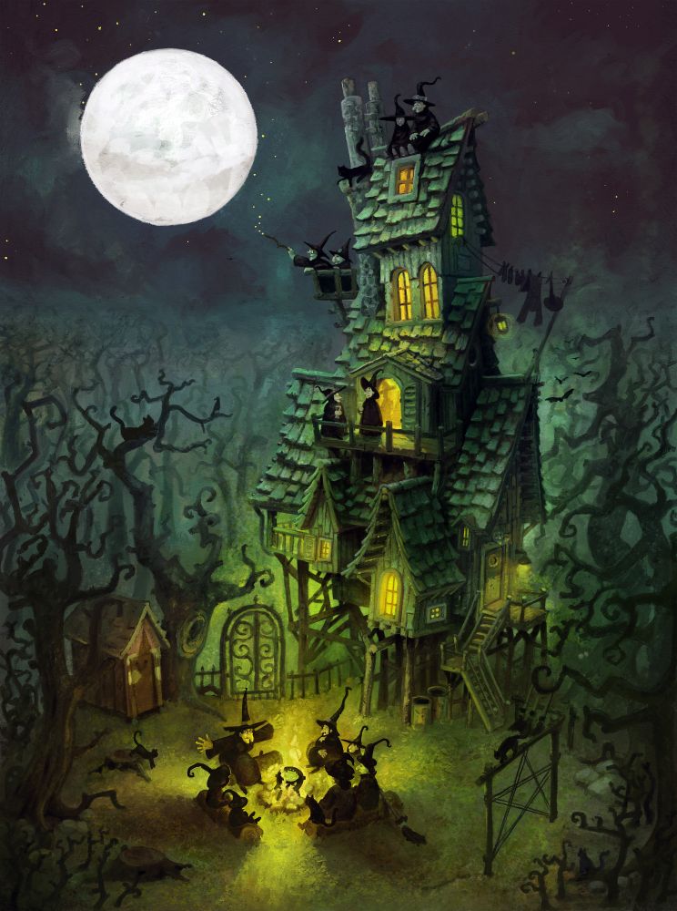 A digital painting depicts a whimsical, eerie scene of a crooked, towering witch's house deep in a twisted forest under a full moon. The house has multiple levels with slanted, green-shingled roofs, wooden balconies, and warm, glowing windows. Witches can be seen on the balconies and rooftops, some conversing, others watching over the surroundings. A clothesline with witch garments hangs outside.

In the foreground, a group of witches gathers around a bonfire, engaged in a lively ritual or storytelling. Black cats roam the scene, climbing on fences, perching on tree branches, and lurking in the shadows. The surrounding forest is filled with gnarled, leafless trees stretching their branches like clawed hands.

The painting has a dark, atmospheric color palette with deep greens, blues, and shadows contrasted by the warm glow from the fire and the house’s windows. The brushwork and details evoke a storybook or fantasy illustration style, creating a magical yet spooky mood.