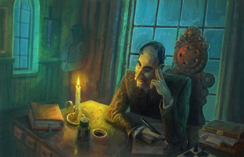 A digital painting of a stern-looking man seated at a grand wooden desk in a dimly lit study. He has sharp facial features, a receding hairline, and wears a richly textured dark robe. His left hand supports his head, while his right hand holds a quill above parchment. A single candle on a brass holder illuminates the desk, casting a warm glow contrasting with the cool blue-green light filtering through large, arched windows. The desk is cluttered with books, an ink bottle, and a chessboard with scattered pieces. A suit of armor and a sheathed sword decorate the wooden-paneled walls, enhancing the medieval atmosphere.