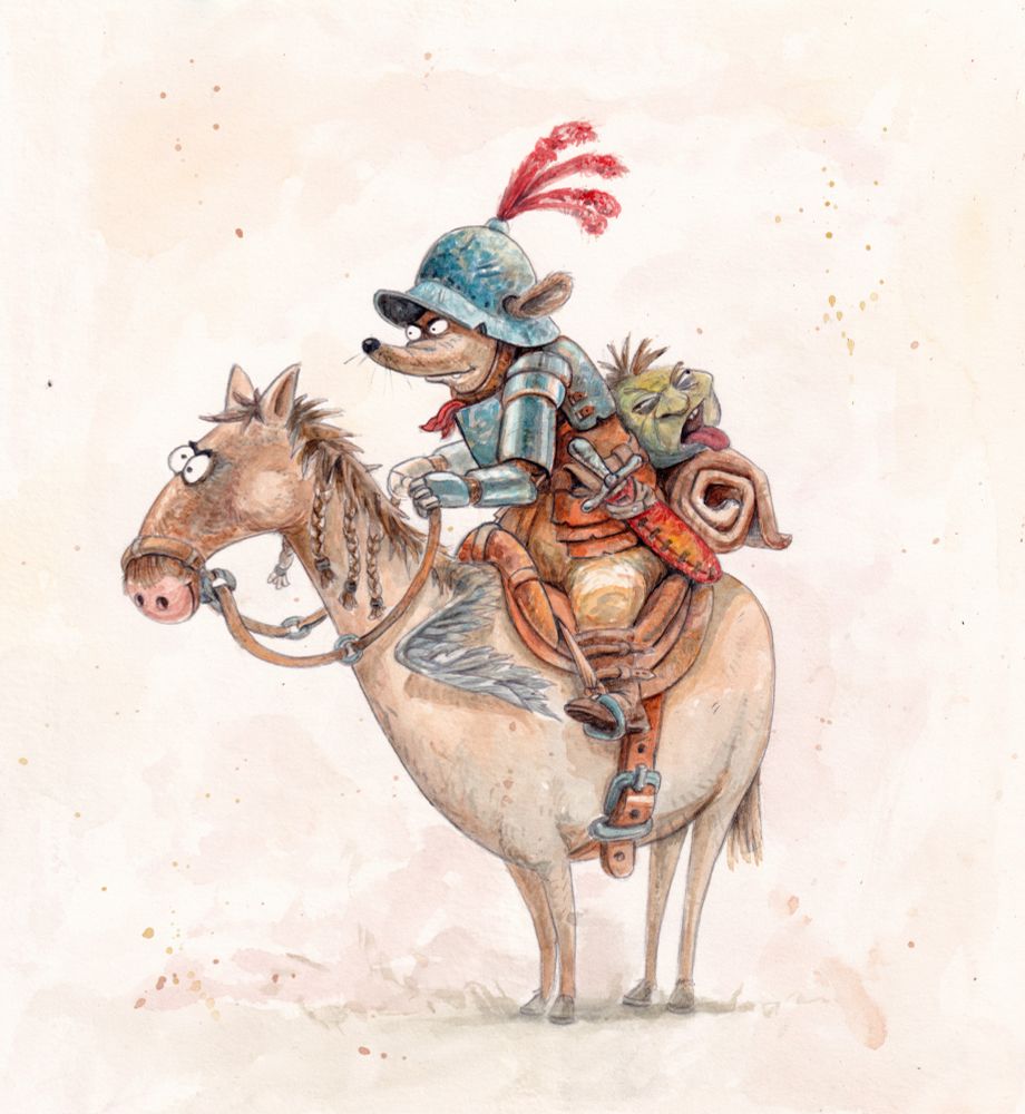 A watercolor illustration of an armored mouse knight riding a light brown horse with a slightly worried expression. The mouse wears a blue helmet with a red feather plume, a red scarf, and full plate armor. A rolled-up blanket and a green goblin head with its tongue sticking out are strapped to the saddle. The background is light with subtle splashes of paint, giving the image a storybook feel.