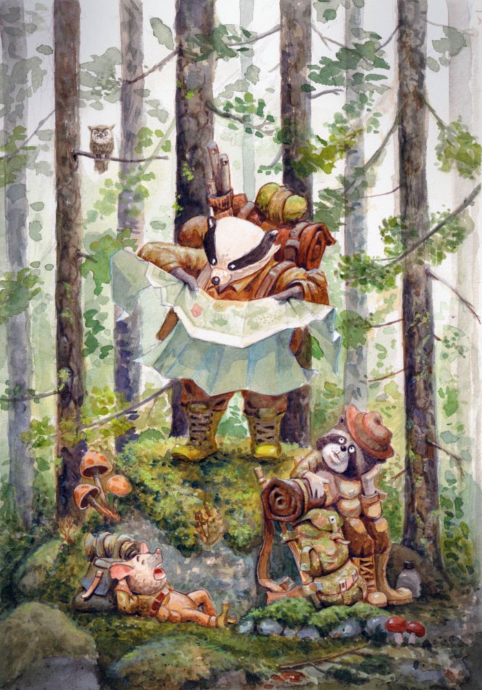 A watercolor illustration depicts three anthropomorphic animals on a forest adventure. A determined badger, dressed in an orange explorer’s outfit with a large backpack and yellow boots, stands on a mossy rock, intently studying a large, unfolded map. To the right, a raccoon in a brown hat and explorer’s gear leans on its backpack, looking somewhat fatigued. On the lower left, a small pig wearing a similar explorer’s outfit lies on the ground, appearing exhausted. Surrounding them is a dense forest with tall, slender trees covered in green foliage. An owl perches on a branch in the background, and various mushrooms and moss-covered rocks add to the forest’s atmosphere. The illustration is rich in detail, with warm earthy tones and soft, atmospheric lighting.