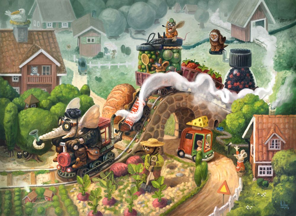 A whimsical, storybook-style illustration of a fantastical countryside scene. A steam-powered train with an elephant-like front, driven by a rat in aviator goggles, chugs along a winding track. The train is loaded with oversized food items, including a baguette, strawberries, and a bottle of berry jam. Small anthropomorphic animals, such as a mouse DJing on a pile of limes, an owl perched on a bottle cap, and a farmer bear tending to giant root vegetables, populate the landscape. A cheese-laden delivery van drives under a stone bridge, while a mouse in a basket waves from a nearby house. The background features rolling hills, quaint cottages, and a stork nesting on a chimney. The painting is richly detailed with warm colors, soft textures, and a dreamlike atmosphere.