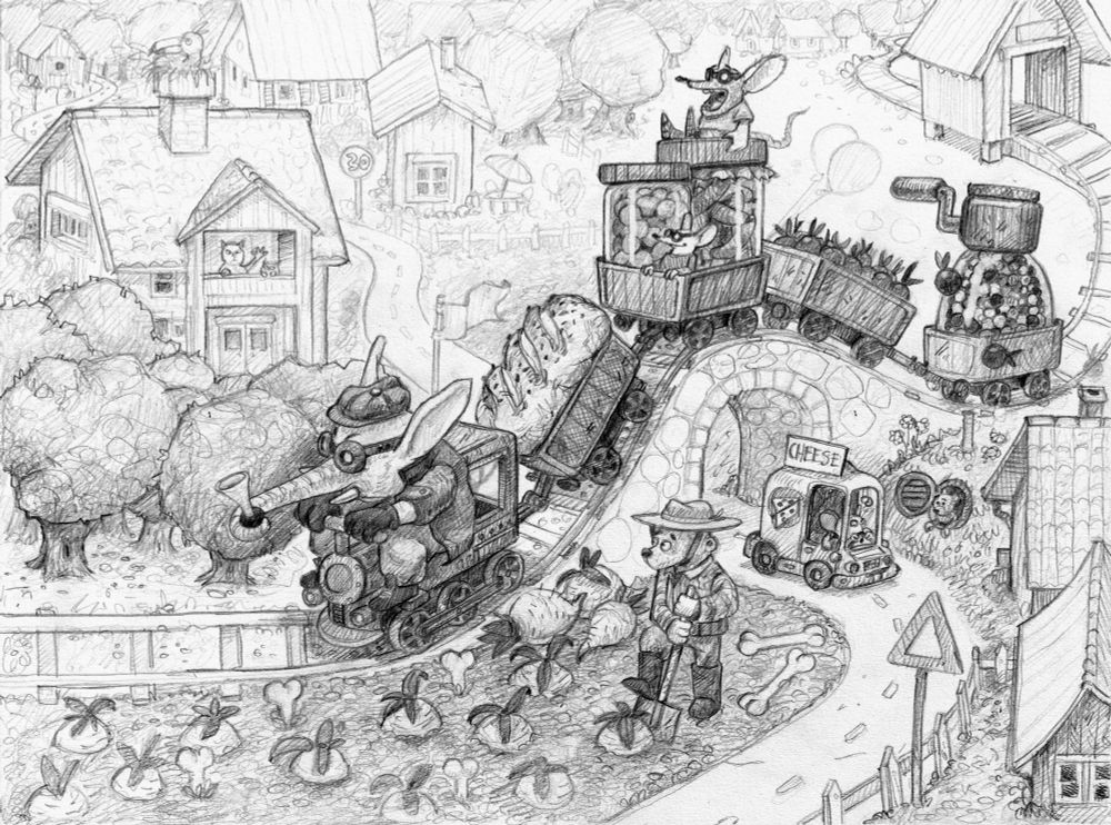 A detailed pencil drawing of an imaginative animal village with a whimsical train traveling through the scene. The train is driven by a long-nosed rodent wearing goggles and a cap, blowing a horn. The train consists of several carts carrying different goods, including a large loaf of bread, vegetables, and a grinder filled with berries. A mouse conductor waves from one of the carts. Below, a bear in farming attire digs up large root vegetables. Nearby, a small cheese delivery truck with mice inside drives along a winding road. In the background, there are cozy houses, trees, and various animals, including an owl in a window and a bird on a chimney. The scene is full of charming details, textures, and expressive characters, giving it a lively and storybook-like atmosphere. 
