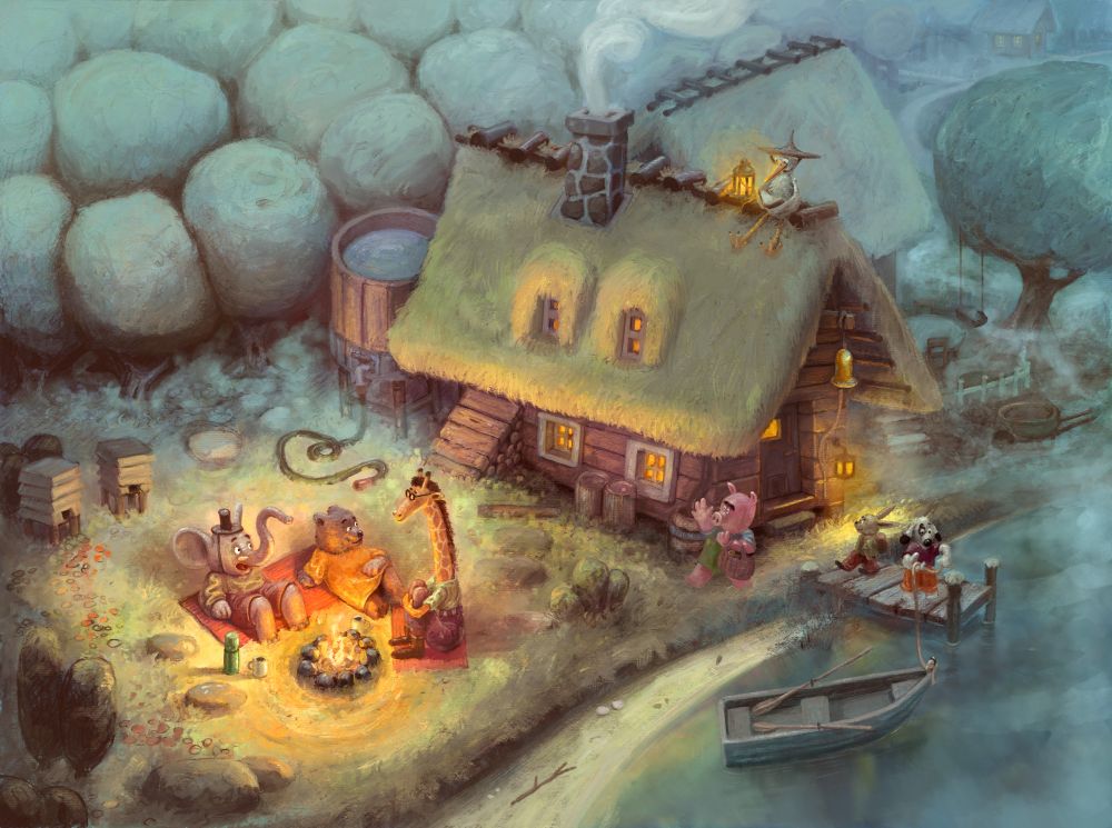 animals in clothes sitting next to a cozy house, at a fire, waiting for their friends to arrive in a boat.