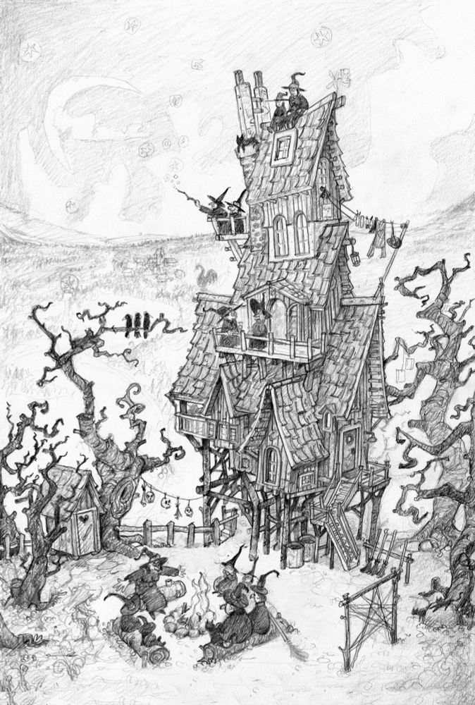A detailed pencil drawing of a whimsical, crooked witch house in a spooky forest. The house is tall and leaning, with multiple levels, irregularly shaped roofs, and an assortment of windows, chimneys, and balconies. Witches can be seen engaging in various activities: two sitting on the rooftop, another on a balcony, and a group gathered around a bonfire in the foreground. Twisted, leafless trees surround the house, adorned with hanging lanterns, laundry, and mysterious decorations. The background features a landscape with faintly drawn silhouettes of distant buildings and a large crescent moon in a night sky filled with stars and magical symbols. The atmosphere is eerie yet playful, with intricate details adding to the fantasy theme.