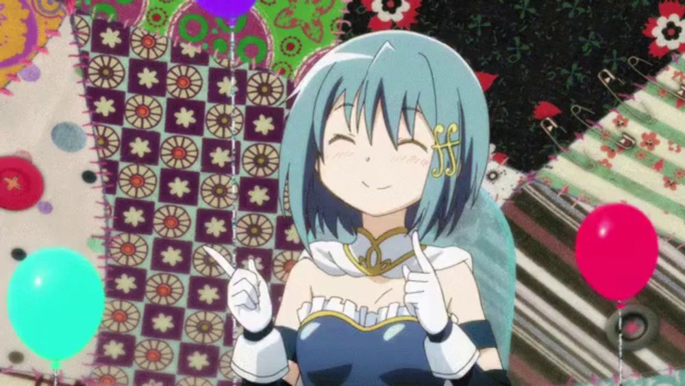 a girl with blue hair and white gloves is smiling and giving a peace sign .