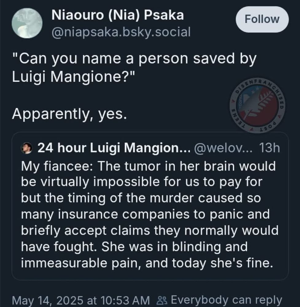 The image shows a screenshot of a social media post. The post is from a user named Niaouro (Nia) Psaka, with the handle [@]niapsaka.bsky.social. The post is a response to a question asking if Luigi Mangione has saved a person. The response is a reply from another user, who shares a personal story about their fiancée. The reply mentions that the fiancée had a brain tumor that would have been difficult to pay for, but due to the timing of a murder, many insurance companies accepted claims they would have otherwise fought. The fiancée was in severe pain but is now fine. 