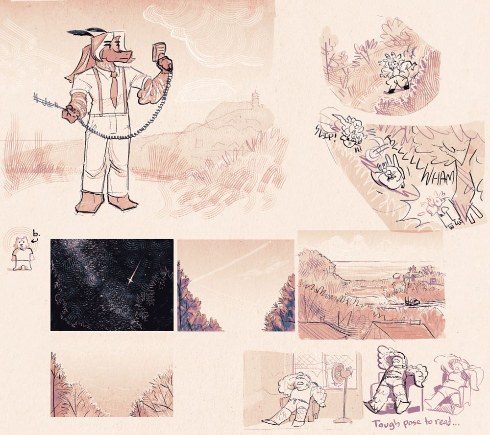 digital illustration of multiple scenes.
1: Lum stands on a hillside looking at the readout of a handheld device.
2: Amelia attempts to work their way down a slope, trips, rolls down and slams stomach-first into a tree.
3: a really simplified drawing of bea, captioned "b."
4: the same scene of the sky bordered by trees; one at night with a sky full of stars and a shooting star, one in the middle of the day with a plane leaving a streak in the sky, and one overcast winter day where several trees no longer have leaves on them.
5: a small truck drives down a dirt road overlooking a large pond and the ocean, towering clouds in the far distance.
6: multiple attempts to draw mary leaned far back in her chair, towel on her face and a fan blowing. captioned "tough pose to read..."