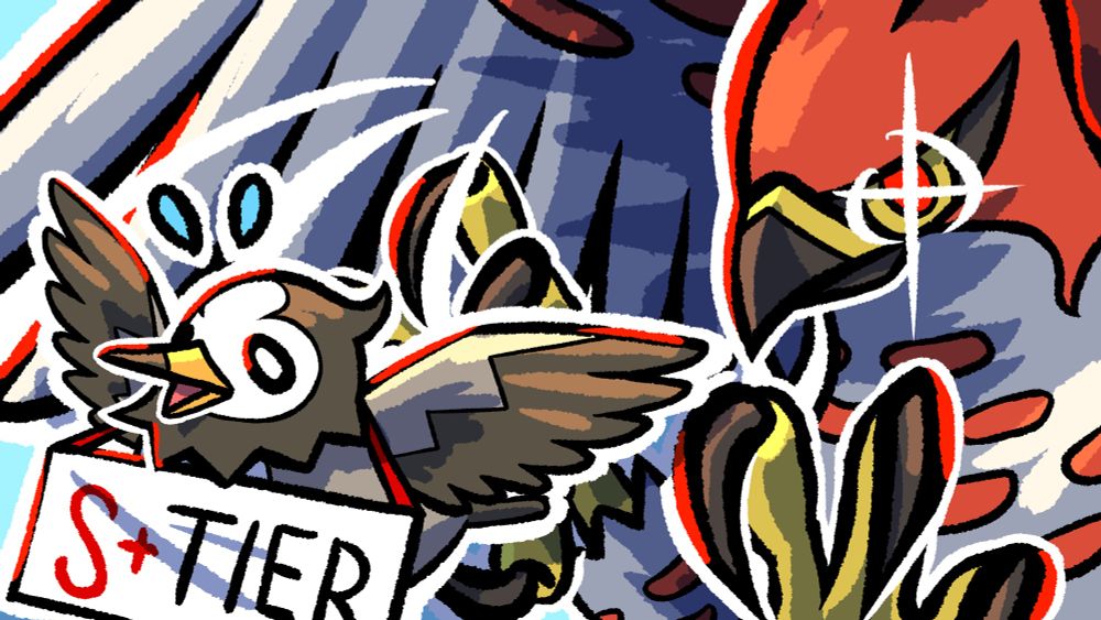 illustration of two pokemon, talonflame and starly. the talonflame is swooping to try to catch the starly, which is holding a sign that says s+ tier