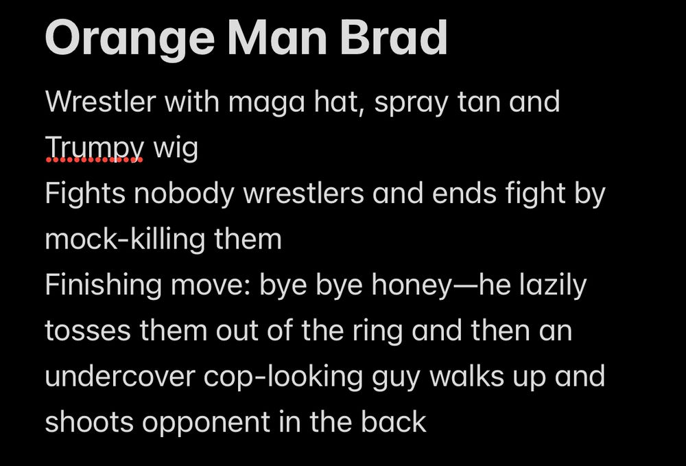 Orange Man Brad
Wrestler with maga hat, spray tan and Trumpy wig
Fights nobody wrestlers and ends fight by mock-killing them
Finishing move: bye bye honey—he lazily tosses them out of the ring and then an undercover cop-looking guy walks up and shoots opponent in the back