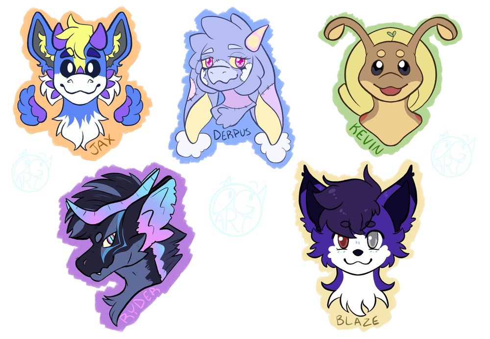 A collection of five quick headshots of anthro characters. Starting at the top left, there is Jax the Dutch Angel dragon, whose fir is mostly blue with white and yellow details. He has purple horns on the top and sides of his head. Next is Derpis, a plush dragon who is mostly purple with pink and yellow patches and long, droopy ears. Next is Kevin, a brown snail with a yellow shell. On the bottom row is Ryder, a dark blue dragon with blue to purple to pink gradient details. Last is Blaze, a dark purple car with white markings. 