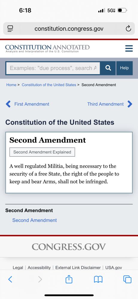 Screenshot of the 2nd amendment of the US Constitution from Congress.gov website states, “A well regulated Militia, being necessary to the security of a free State, the right of the people to keep and bear Arms, shall not be infringed.” Listed in response to the quoted skeet describing a curfew being enacted upon Washington D.C. today but only in the areas that primarily house Black and PoC residents of the city. 
