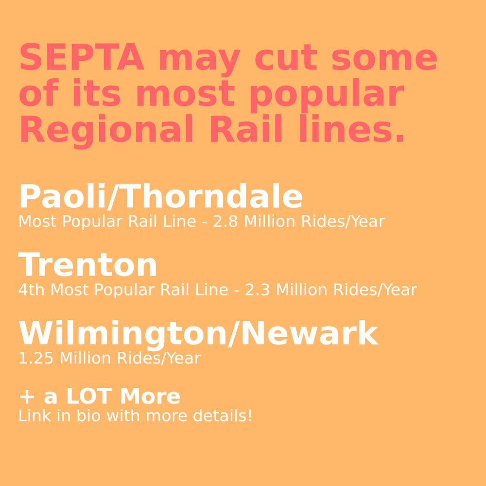 SEPTA may cut some of its most popular regional rail lines including: Paoli/Thorndale (most popular, 2.8M rides/year), Trenton (4th most popular, 2.3M rides/year), and Wilmington/Newark (1.25M rides/year).

A lot more will be cut. Check the link in bio for more details.