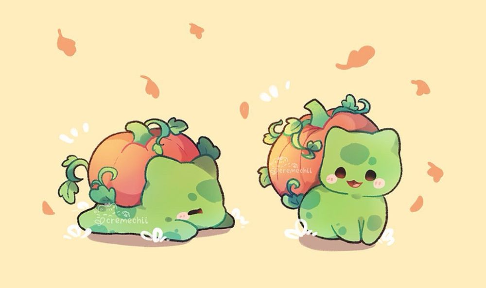 Digital illustration of two bulbasaurs with a pumpkin replacing their green bulb