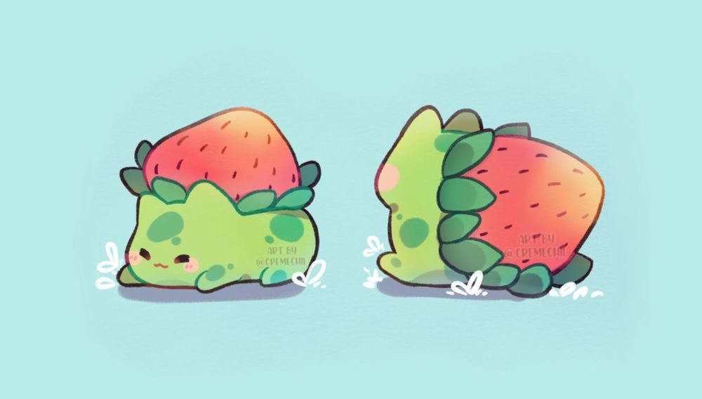 Digital illustration of two bulbasaurs with a strawberry replacing their green bulb