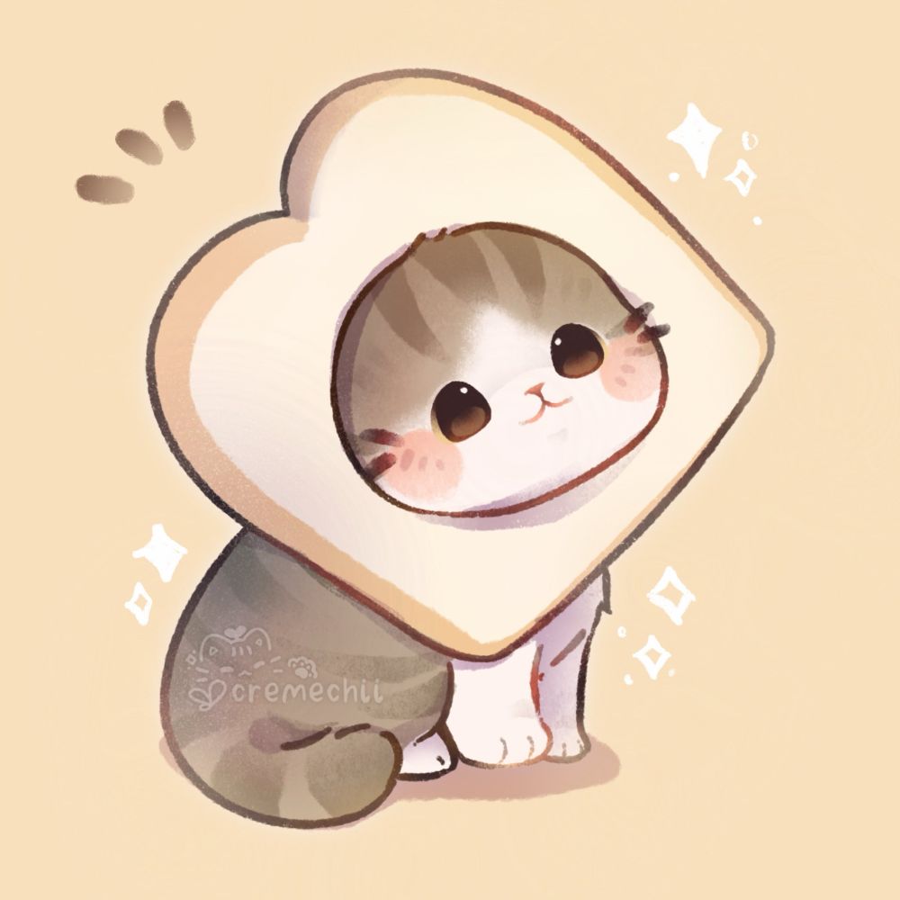 Illustration of a cat with a piece of toast around its head