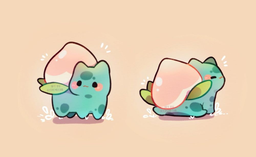 Digital illustration of two bulbasaurs with a peach replacing their green bulb
