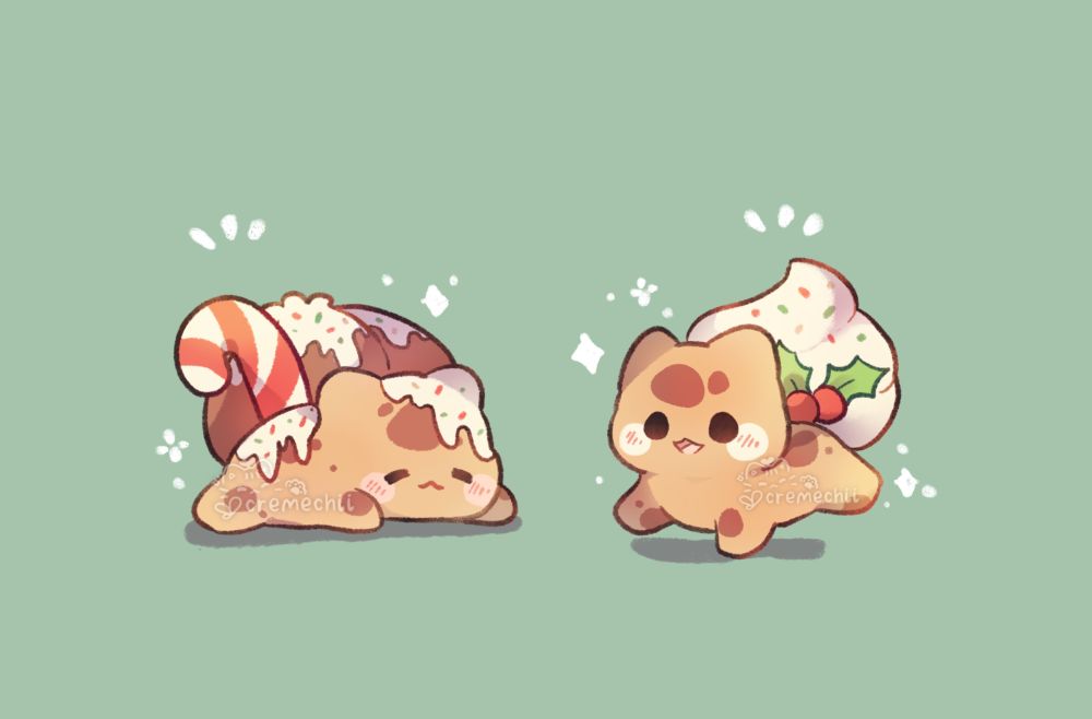A digital illustration of bulbasaurs with gingerbread elements, instead of a green body it’s light brown with darker brown specks, with drizzles of white icing and green/red sprinkles. One of the Bulbasaurs bulb is whipped cream with a sprig of holly while the other has a candy cane instead of a vine