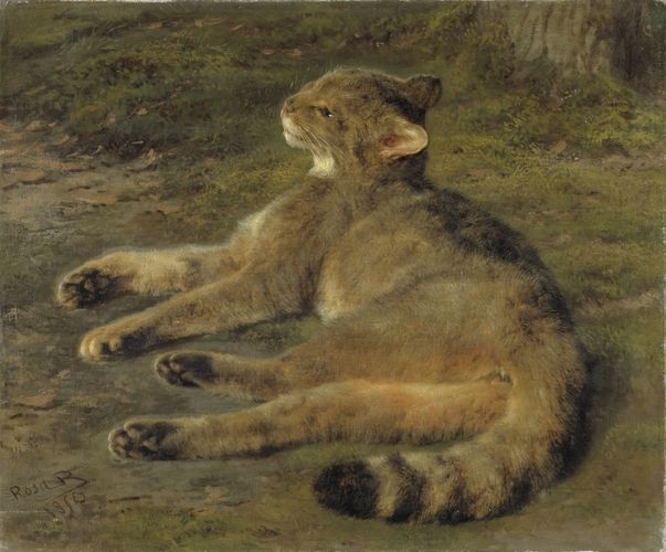 Rosa Bonheur was one of the most famous painters of animals of her time. This wild cat is an excellent example of her realistic way of portraying animals. Bonheur was genuinely interested in the animals she depicted. In addition to a large number of dogs, birds and cats, she also had an otter, Mouflon sheep and lions. In 1853, at the age of 31, she gained wide recognition for her monumental painting The Horse Market. Bonheur’s choice of subjects required her to frequent places where it was impractical to wear long skirts. In 1857, the police granted her permission to wear trousers in public.