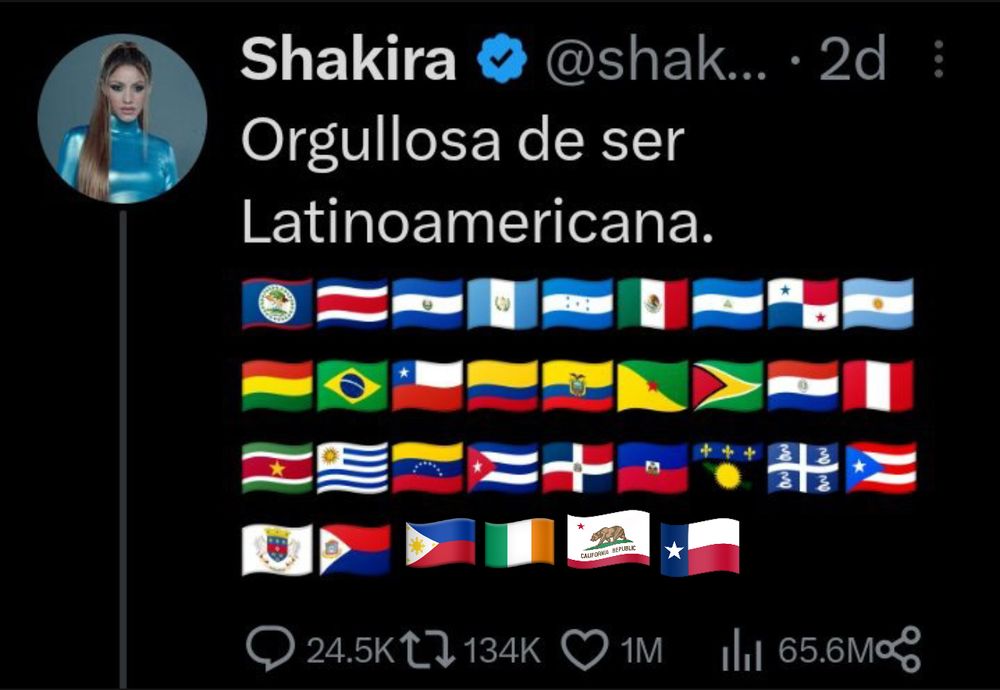 tweet from Shakira saying “I am proud to be Latin American” following by all the Latin American flag emojis 