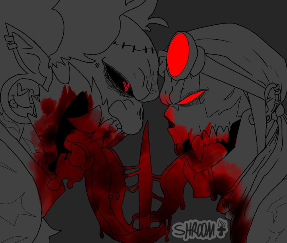 A grayscale visualized scene from a Madness Combat Fanfiction "Obsessed". An excerpt of the scene goes as followed: "With a wet squelch, Hank pulled the knife out and held it up between them - their tongues came to rest on either side of the blade. The cold metal contrasted with the warm blood, and they licked it off, tongues brushing against each other."