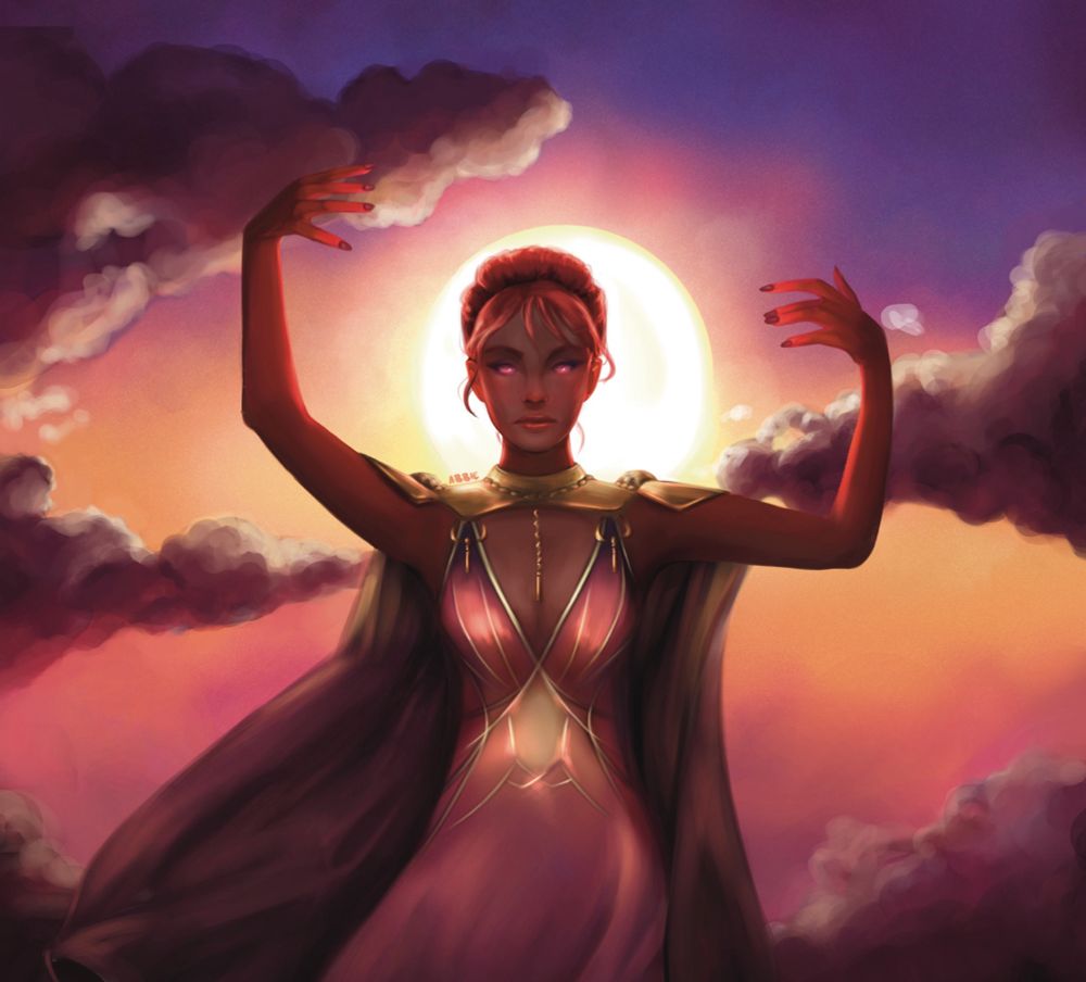 A female figure silhouetted against the rising dawn, magically drawing the clouds back