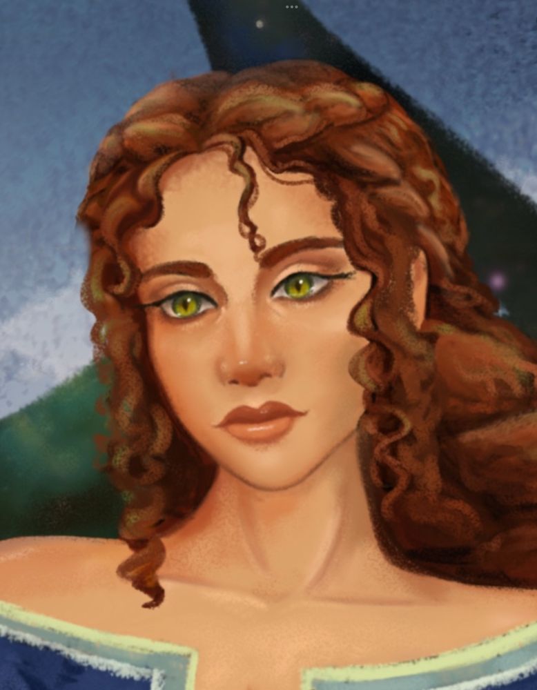 A pretty girl with green eyes and curly red hair, with liner and no lashes 