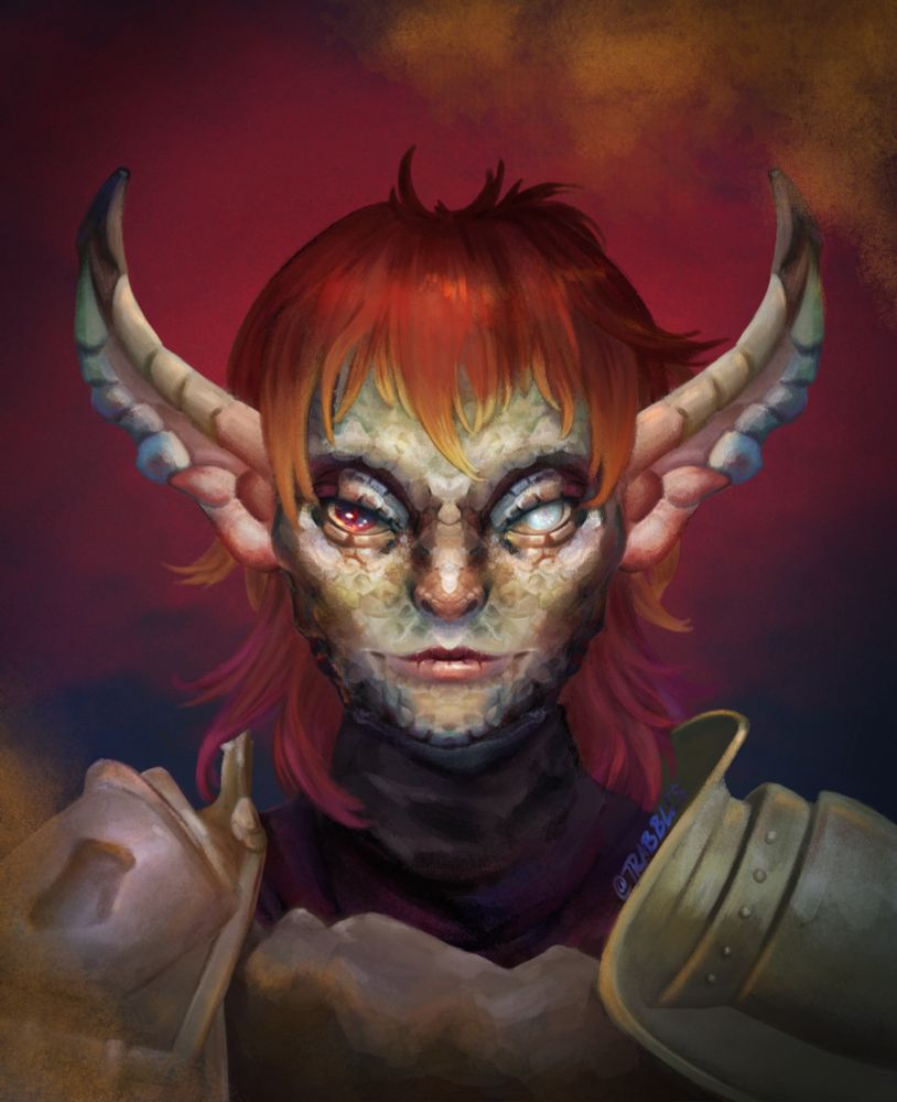 A portrait of a humanoid chromatic Dragonborn  - he has red and pink hair, and his scales are a combination of all the colors of the rainbow. He looks at the viewer - he has one pink and red eye, and one blind eye that is opalescent. He wears heavy armor shoulder pieces.