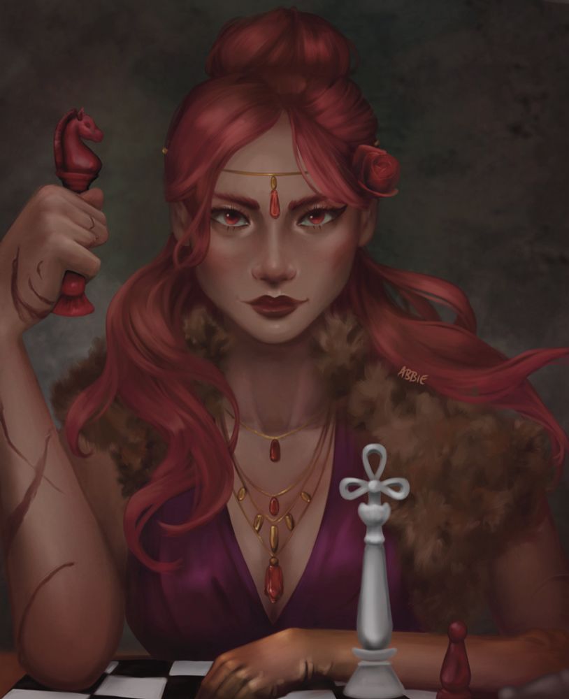 A strong, noble, red haired woman plays a game a chess. Holding the red knight, she is about to destroy your queen. She wears rich furs and jewels.
Character belongs to Ewylana.