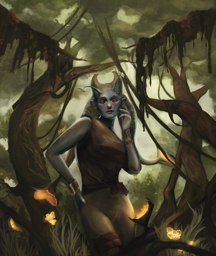 An alien explorer pauses in a swamp, surrounded by trees and overgrown grass/vines. While her gaze is on the viewer, she has eyes on antennae review the ground around and behind her.
