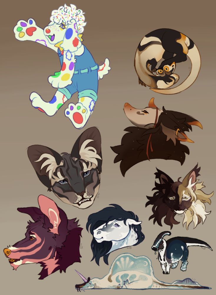 a collage of 9 separate characters ranging from anthro clown dog, to warrior cats, to dinosaurs