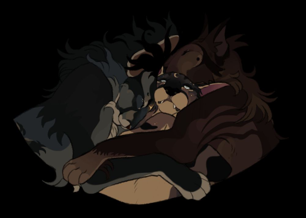 Busts of three cats cuddling