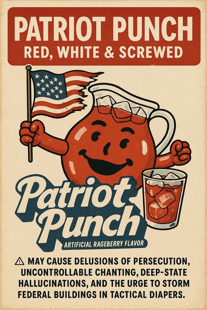 The meme is a satirical Kool-Aid-style poster for a fake drink called “Patriot Punch: Red, White & Screwed.” The pitcher mascot, styled like the Kool-Aid Man, waves a tattered American flag and grins menacingly. The flavor is labeled “Artificial Rageberry,” and the warning at the bottom mockingly states: > “May cause delusions of persecution, uncontrollable chanting, deep-state hallucinations, and the urge to storm federal buildings in tactical diapers.” It’s a parody of MAGA cult mentality, white grievance politics, and far-right extremism dressed up as patriotism.