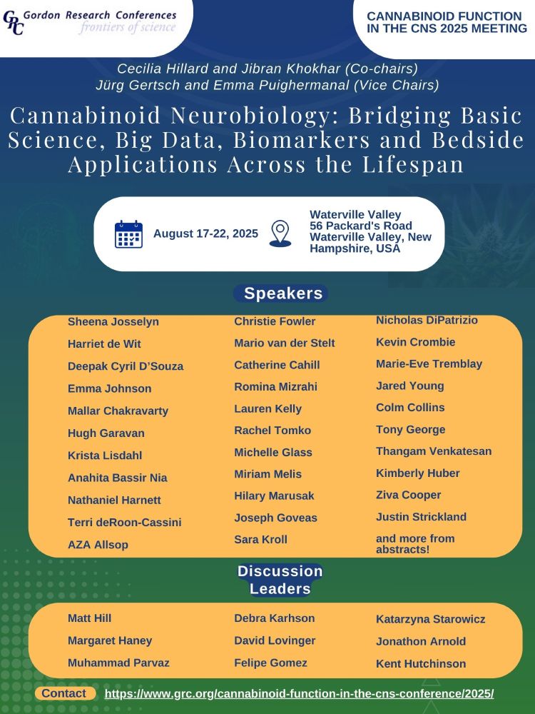 Poster for the 2025 GRC on Cannabinoid Function in the CNS with a list of speakers and discussants