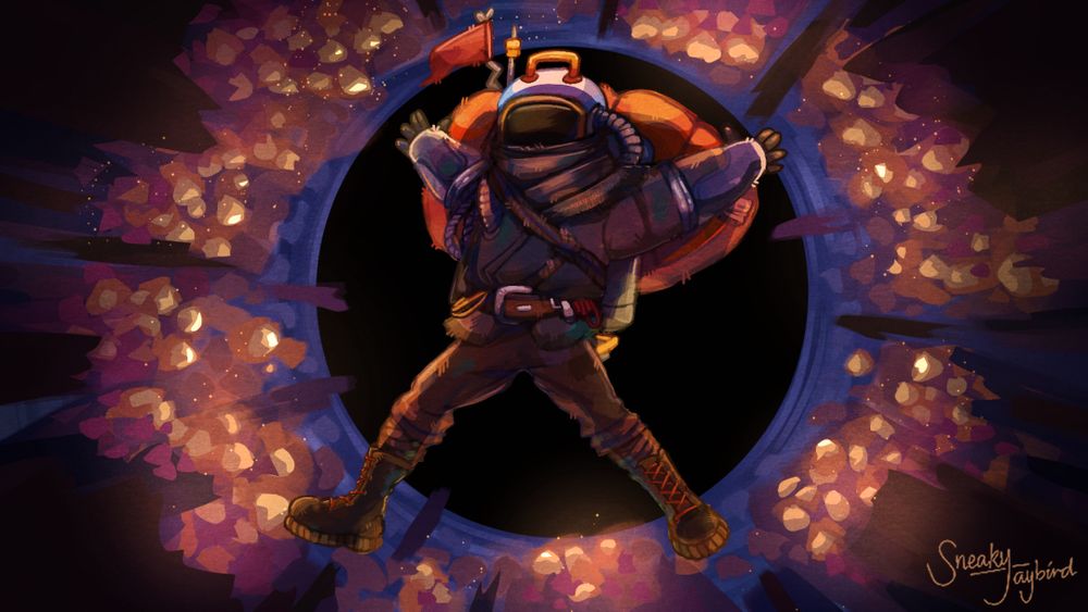 Painting of the protagonist from Outer Wilds, they are floating amongst planet debris. A black hole sits in the center background.