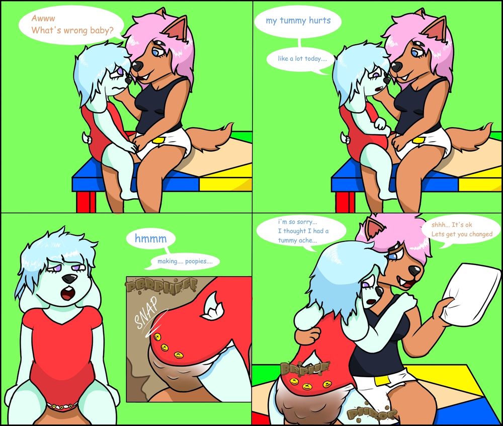 A 4 panel comic about a bun having an accident in the arms of their fox girlfriend