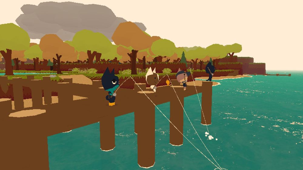 screenshot from WEBFISHING. Four colorful cats fishing off of a dock into the ocean. 