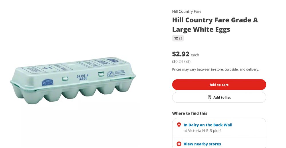 eggs at heb be 2.92 rn