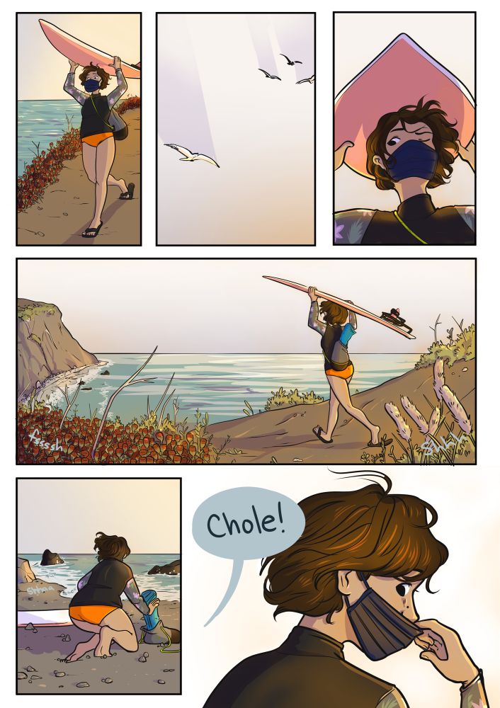 A character carries a surfboard over her head as she walks down a cliff side path to a rocky beach in the afternoon