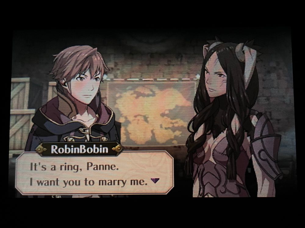 Fire Emblem Awakening playing on my physical 3DS, S-rank relationship dialogue between Robin and Panne