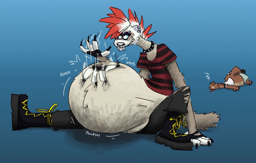 Vampiric ferret (Jarvis) with a belly full of blood taken from the dizzy stoat (Vidd) behind him