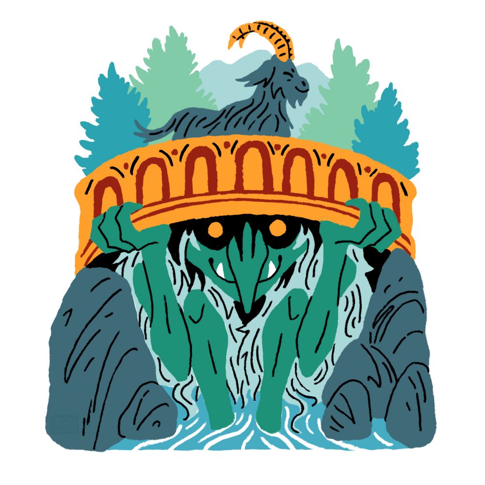 A colorful illustration inspired by The Billy Goats Gruff