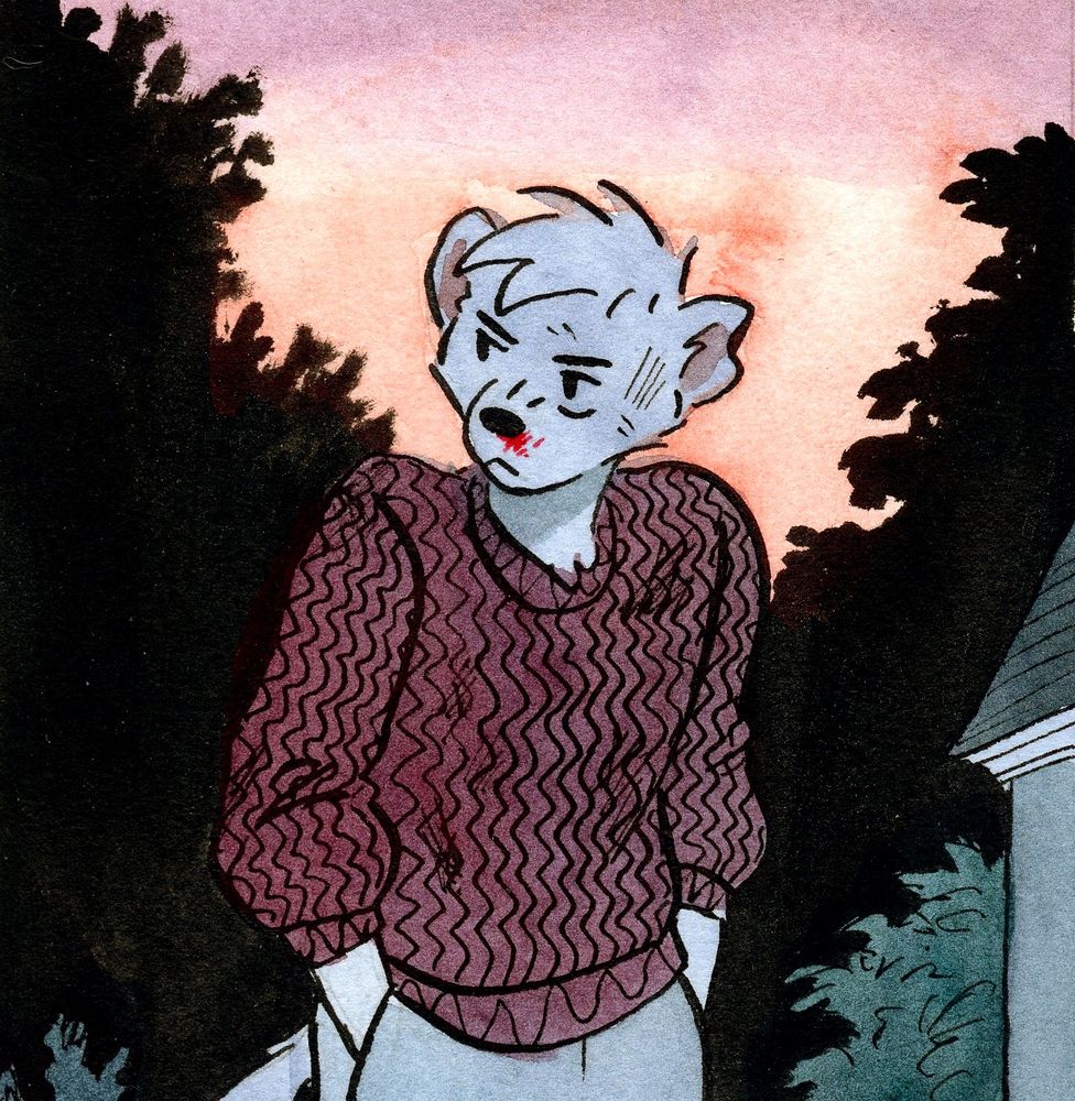 Teddy, an anthropomorphic white stoat, walks home at twilight with a sullen expression on his beat-up face.