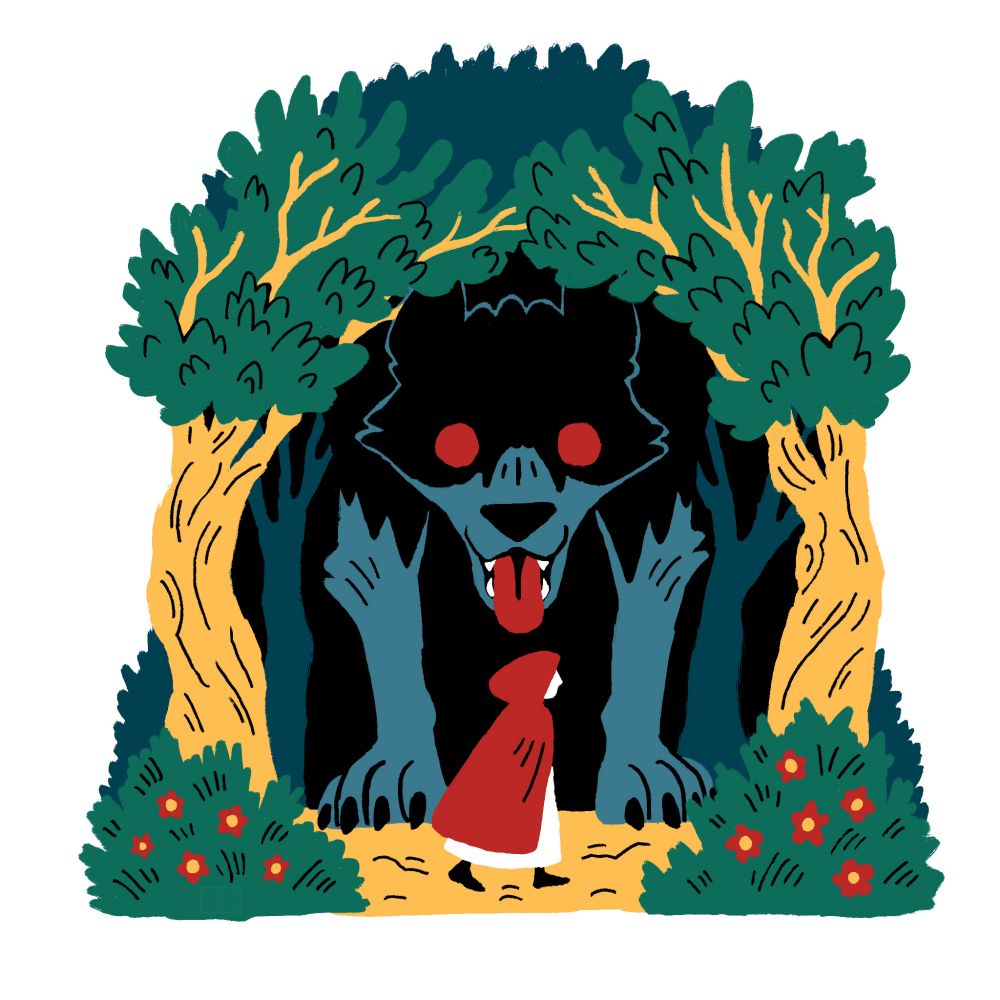 A colorful illustration inspired by Little Red Riding Hood