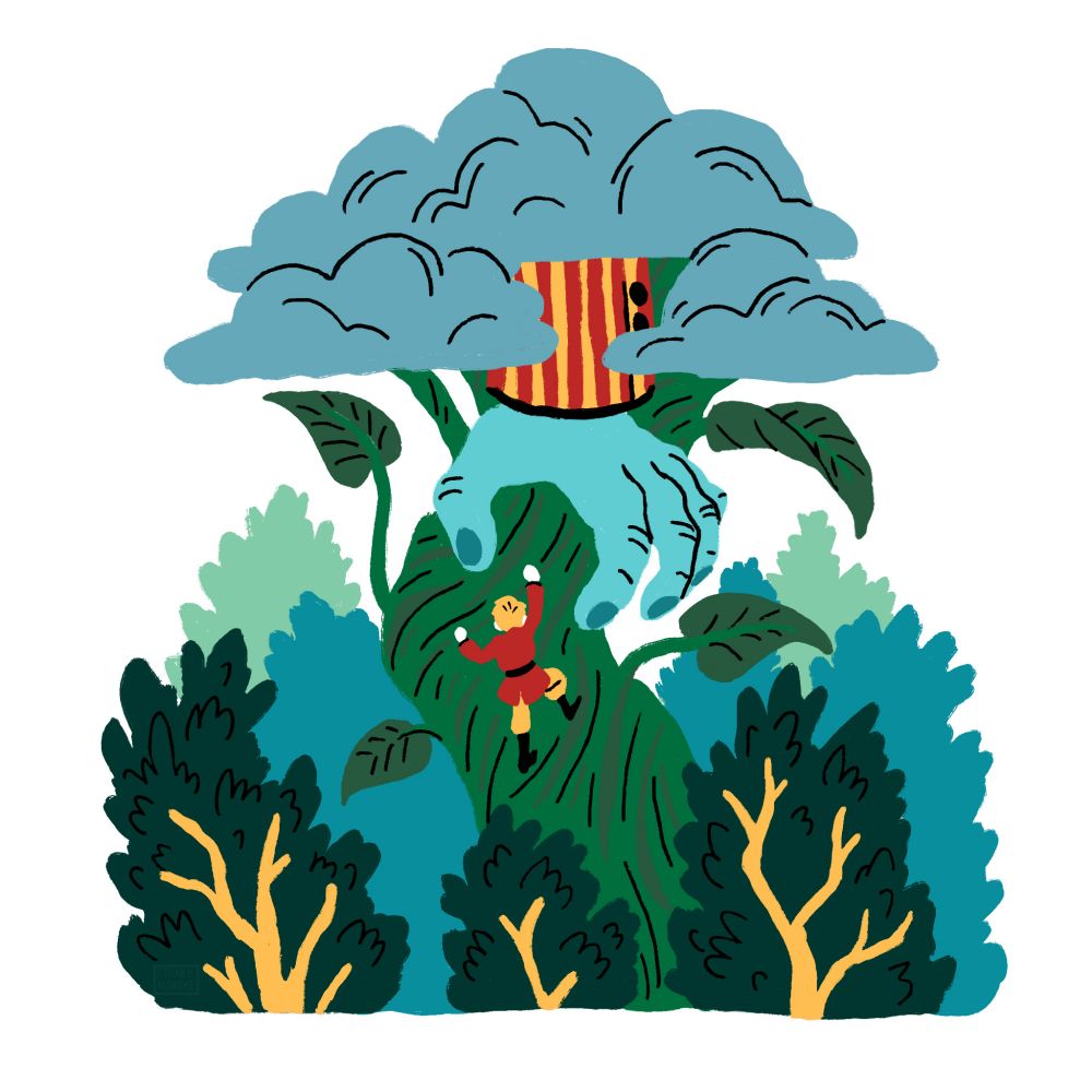A colorful illustration inspired by Jack and the Beanstalk 