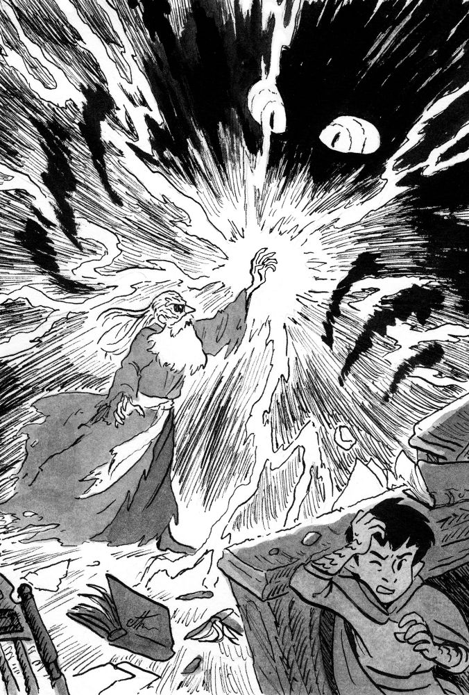 An illustration from The Cursed Catacombs by Nick Eliopulos. A pen and ink drawing showing an ancient wizard holding back an enormous, shadowy being with crazed eyes. The wizard's young apprentice hides behind a desk in the foreground as the room is ripped apart.