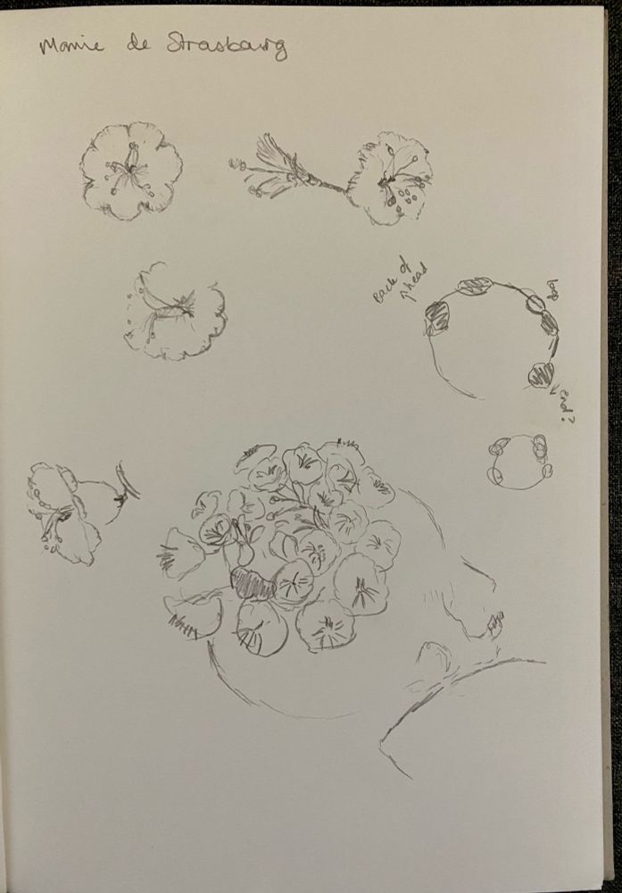 Technical sketches of a crown of flowers attached to a skull