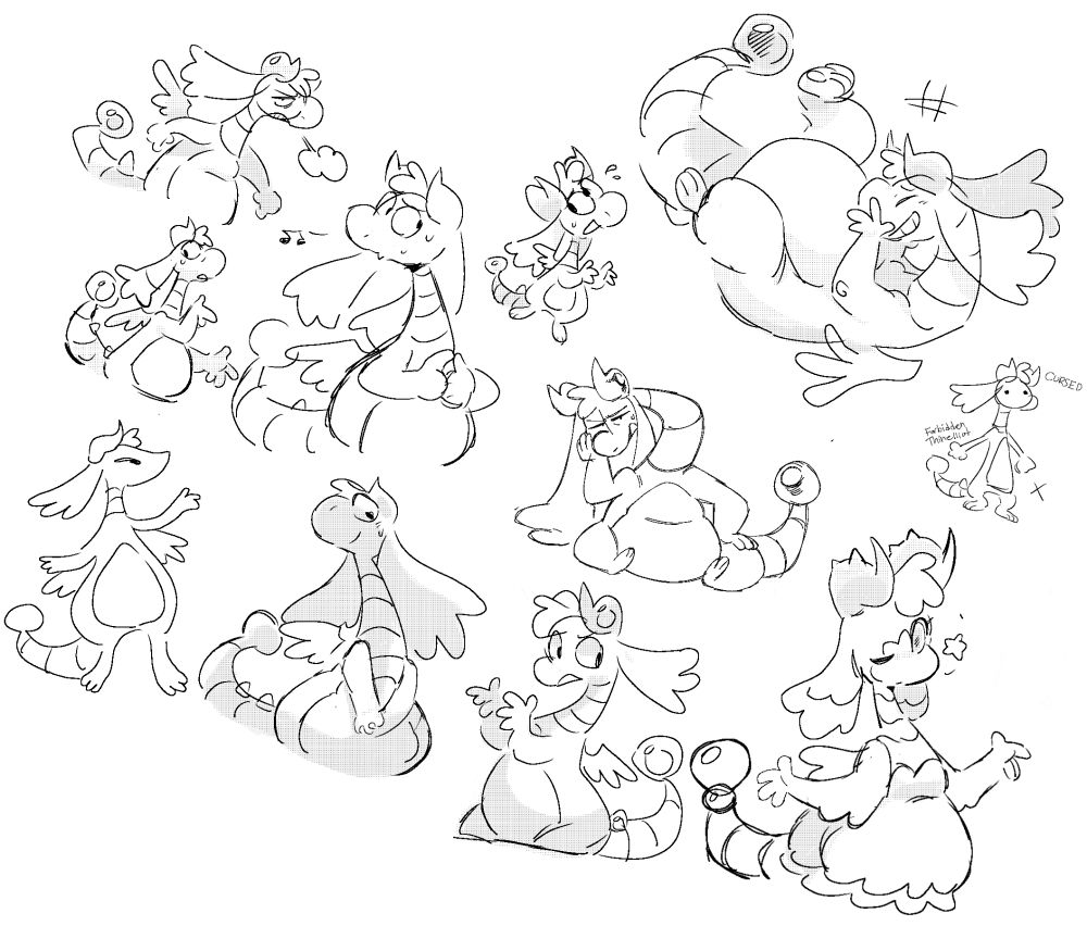 Various doodles of Elliot the dragon. Done over a white background 