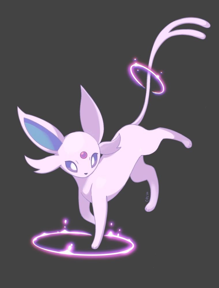 A picture of an Espeon in a circle of psychic energy. She's posed as if she is landing gently from a leap. Colored over a blank background 