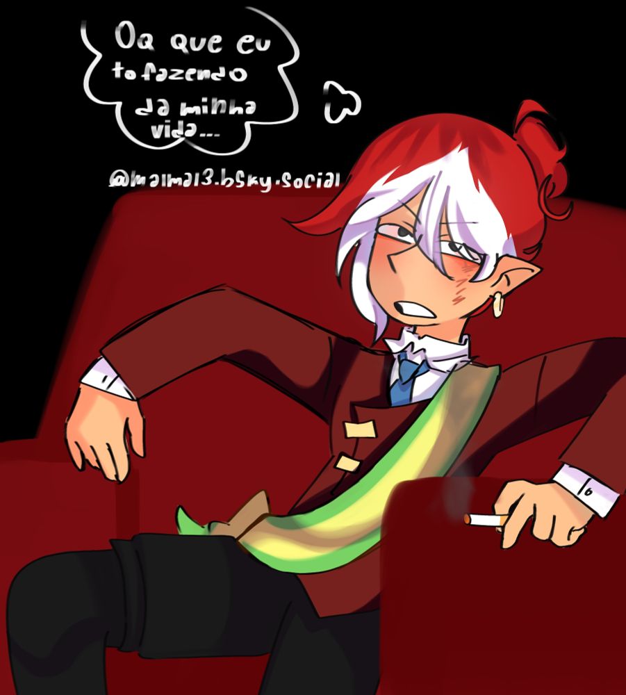 C!Apuh fumando em um sofá vermelho se perguntando o que está fazendo de sua própria vida.